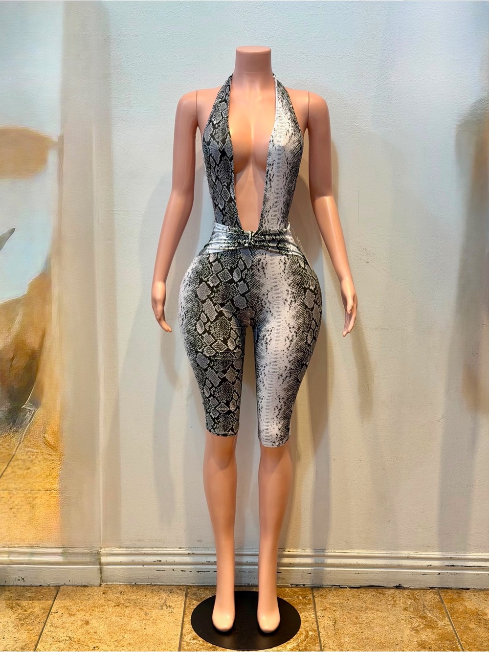 Snake Print Plunge Halter Jumpsuit - Gray